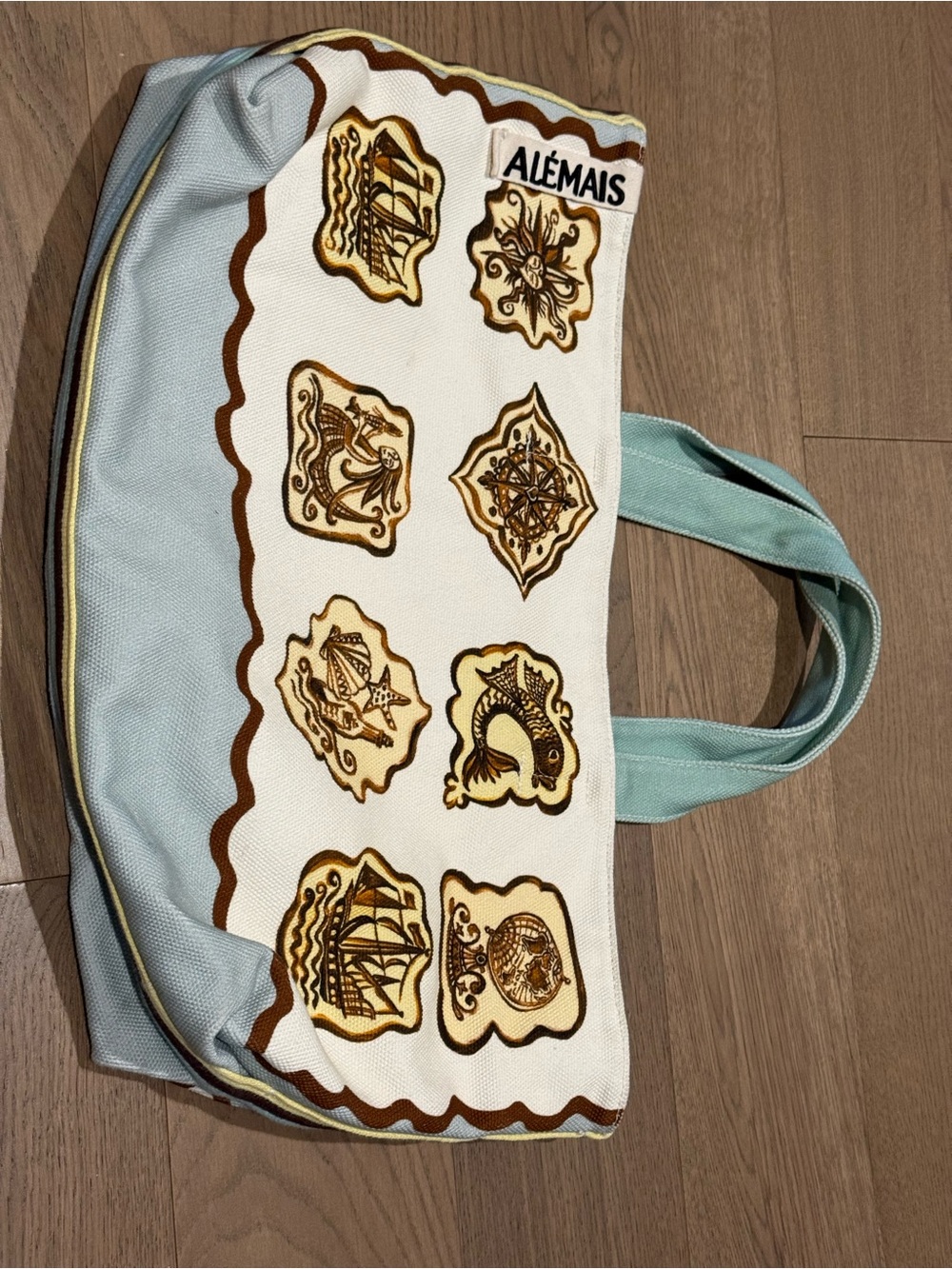 Alemais Canvas Embroidered Tote Bag in Cream and Teal